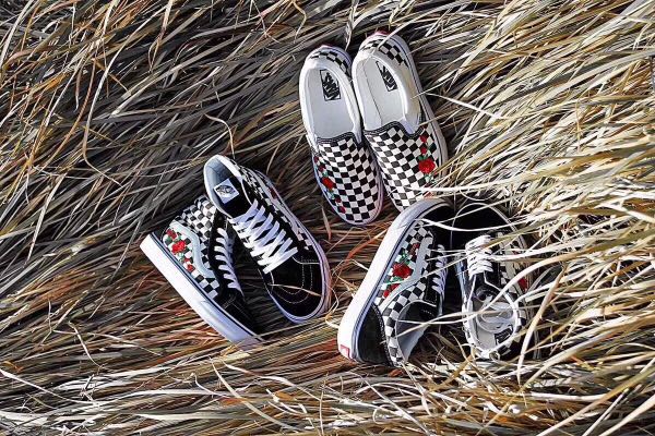 rose embroidered checkered vans