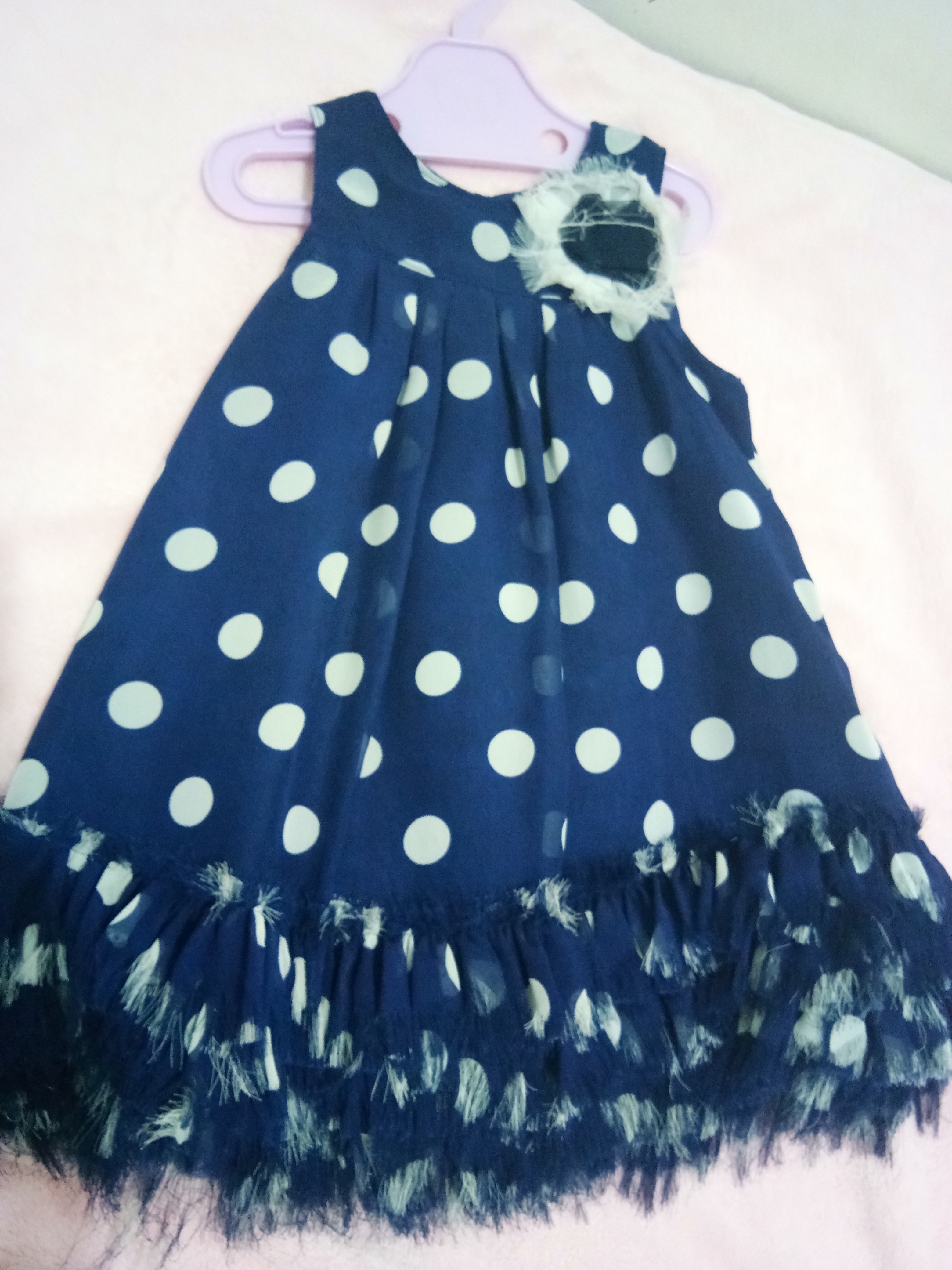 Polka dots dark blue dress (Category: Babies & Kids Fashion) located in Bulacan. Submitted by bundleofsofi (Listing ID 185338666, Image 1). Description: As seen on 2nd pic, the supposed to be flower like stuff is damaged. Other parts, it's all good..