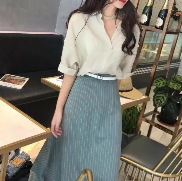Top Skirt 2 Piece Loose Casual Summer Office Blouse Button Shirt