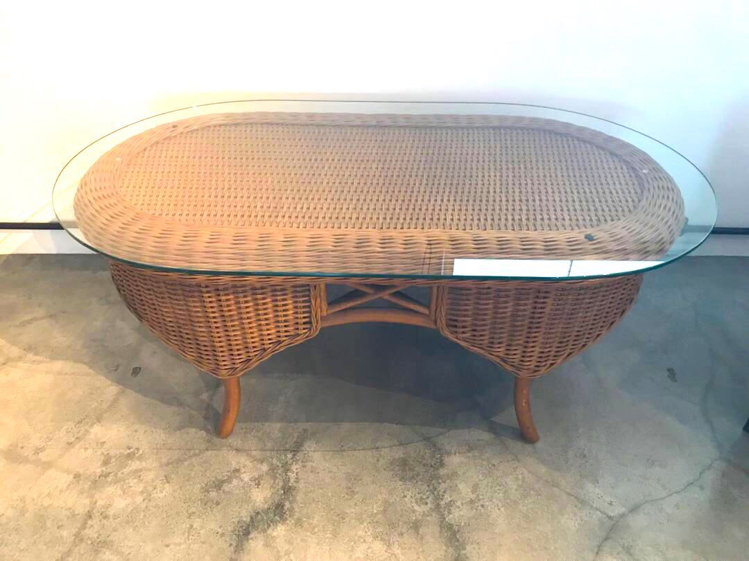 Unique Retro Vintage Rattan Coffee Table With Glass Top