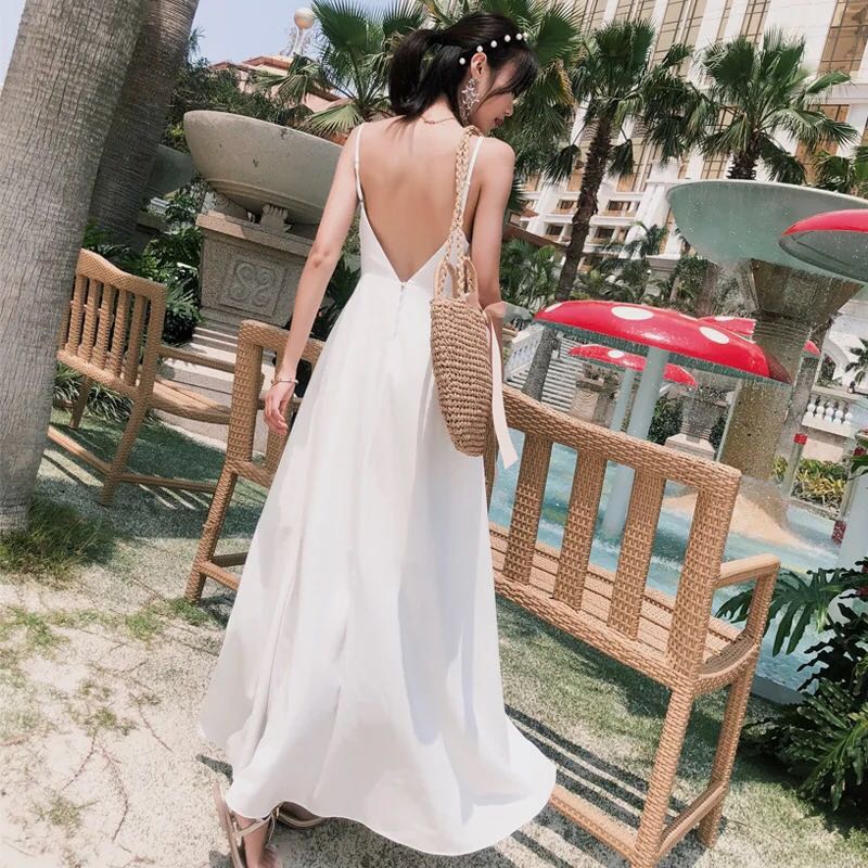 White Maxi Dress V Neck Long Flowy Dress With Open Back Pastel Monochrome Colour Korean Ulzzang Mono Kpop Casual Dress Women S Fashion Clothes Dresses Skirts On Carousell