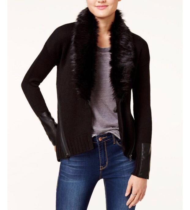 long black cardigan with fur collar