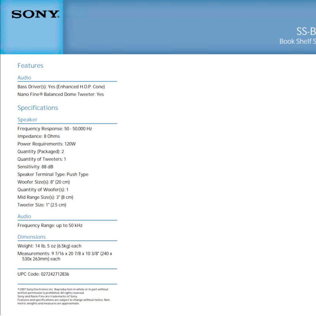 Sony 50 50 000hz 3 Way Bookshelf Speakers Ss B3000 Pair