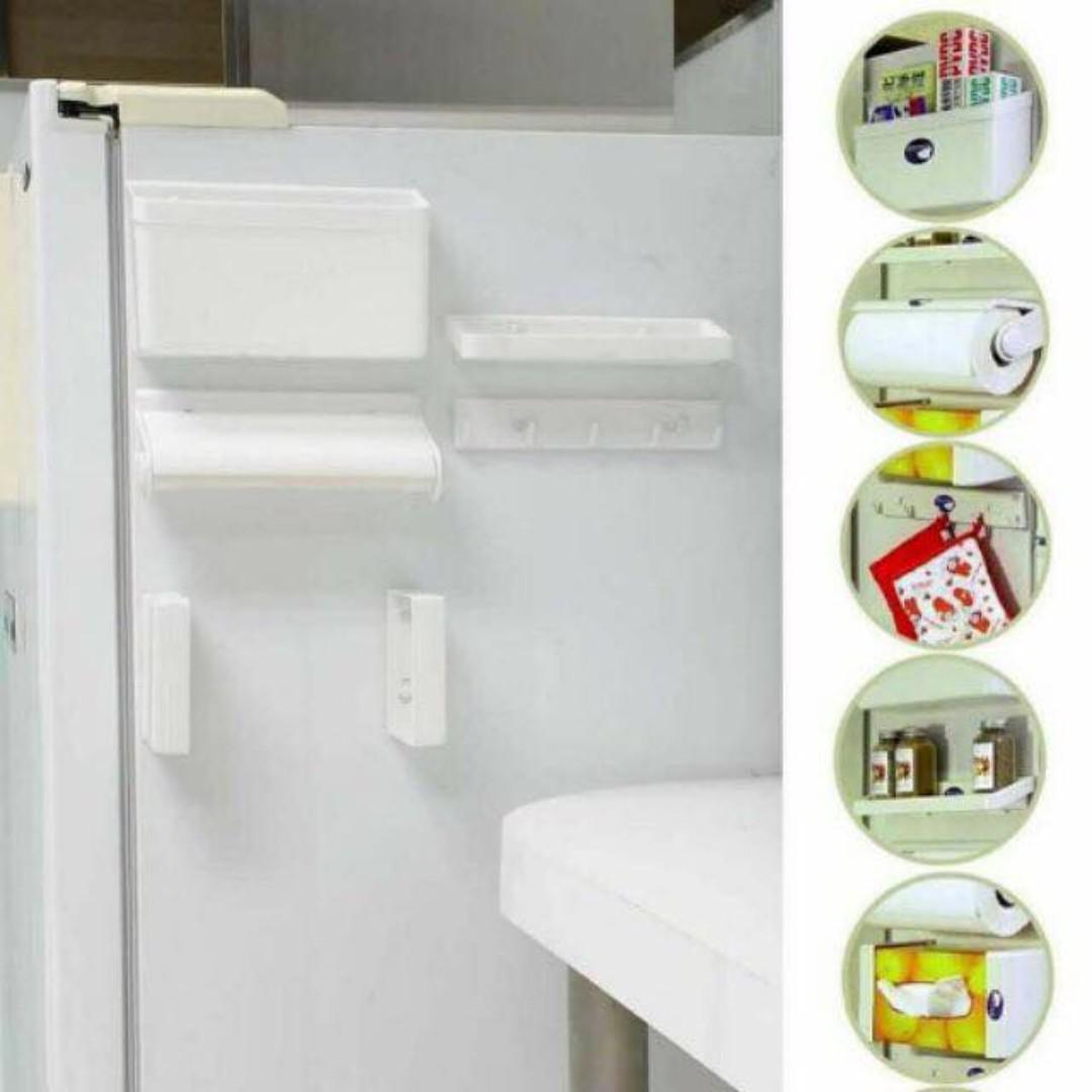5 IN 1 SHELF STORAGE SET (Category: Storage Boxes & Baskets) located in Manila. Submitted by christimjose09 (Listing ID 185783917, Image 3). Description: Product details: ✔️Organizes tissues, kitchen rolls, spices and more. ✔️Heavy duty magnets keep organizers secure on refrigerator or magnetic surfaces. ✔️Simply installation. Do not need screws or nails. ✔️Can use on walls, there are screw holes. ✔️Material: Plastic Shipping fee c/o buyer MOP: B