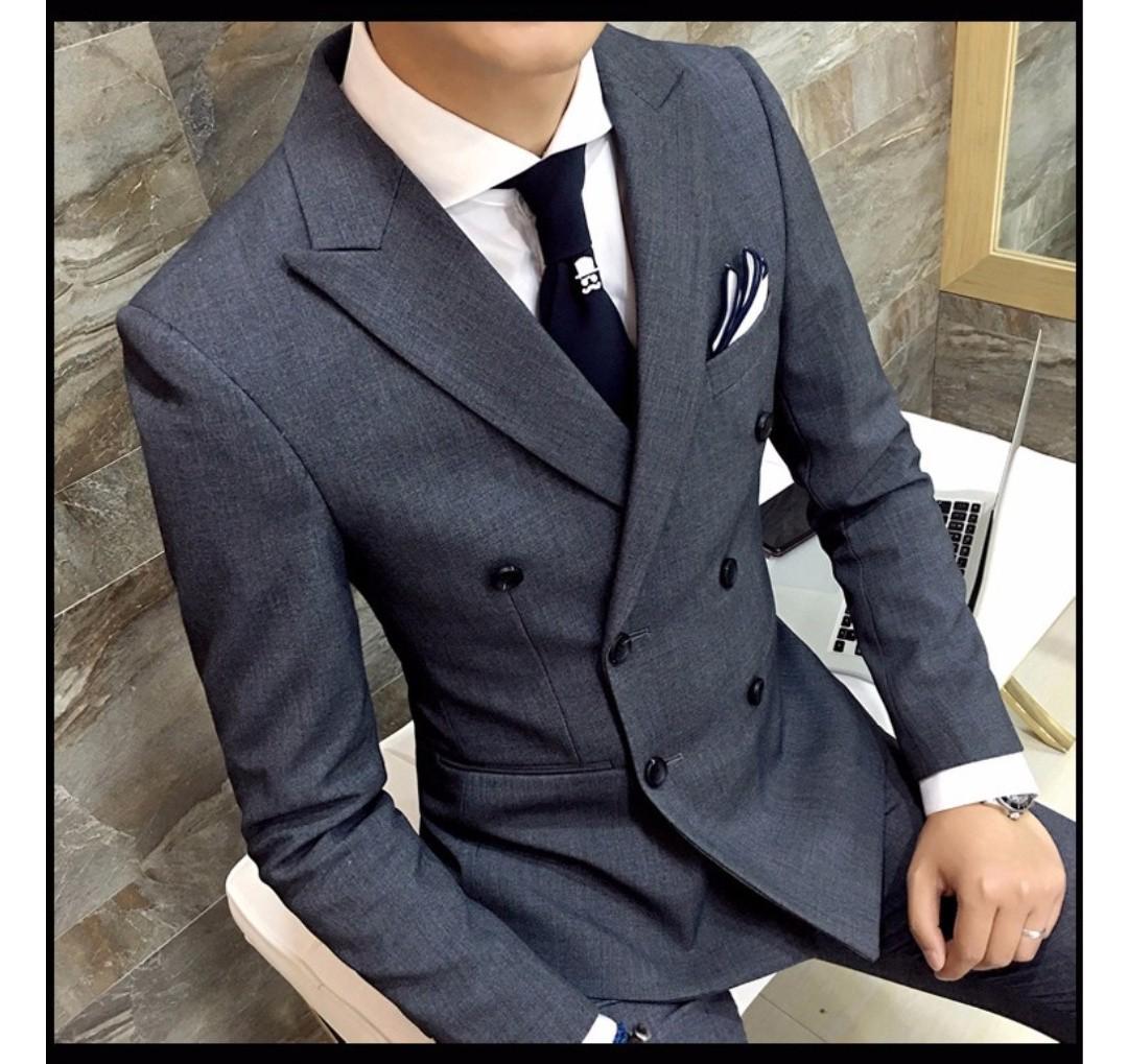 Men grey Blazer double breasted jacket pants Men s Fashion Coats