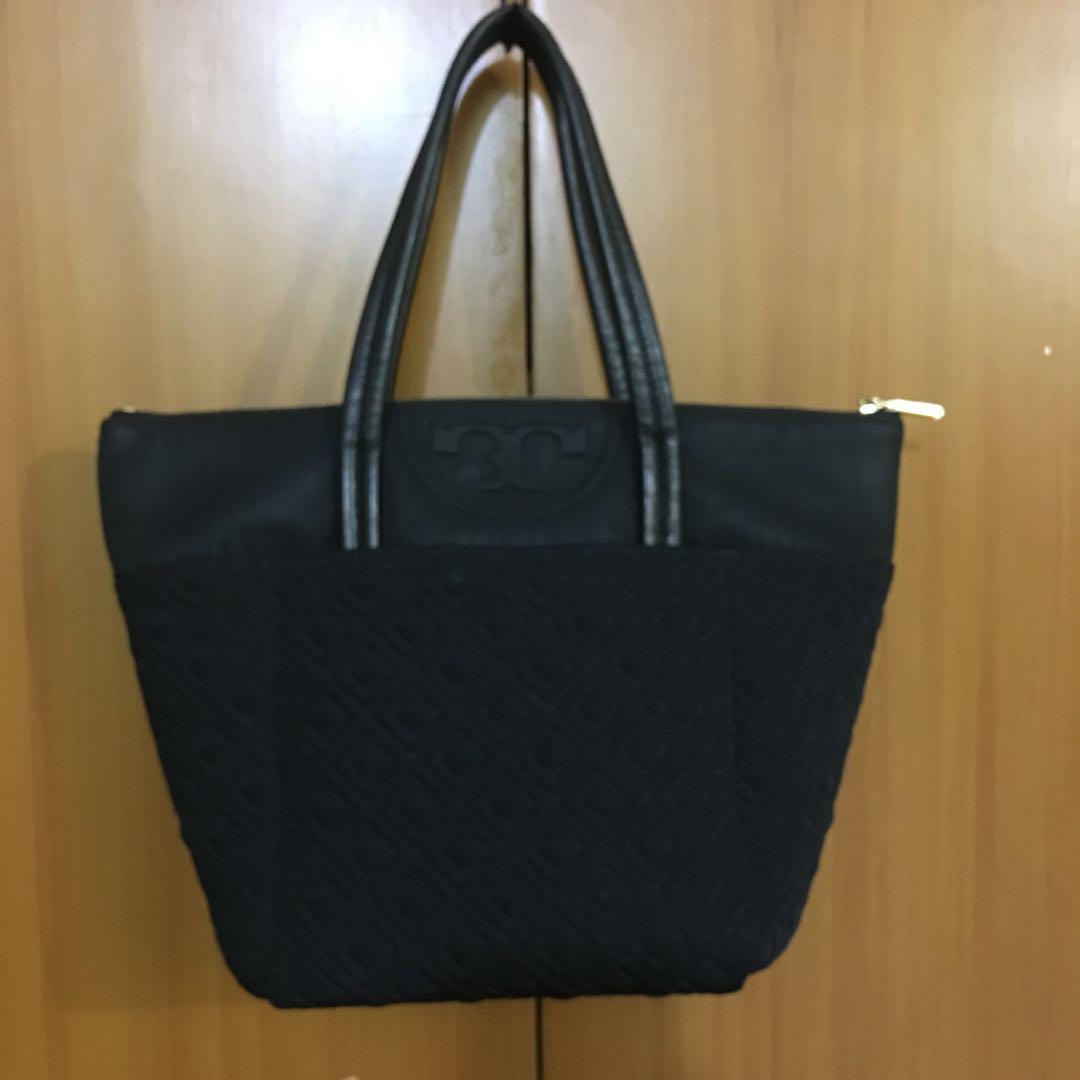 TORY BURCH FLEMING SMALL TOTE QUILTED BLACK NYLON HOBO BAG