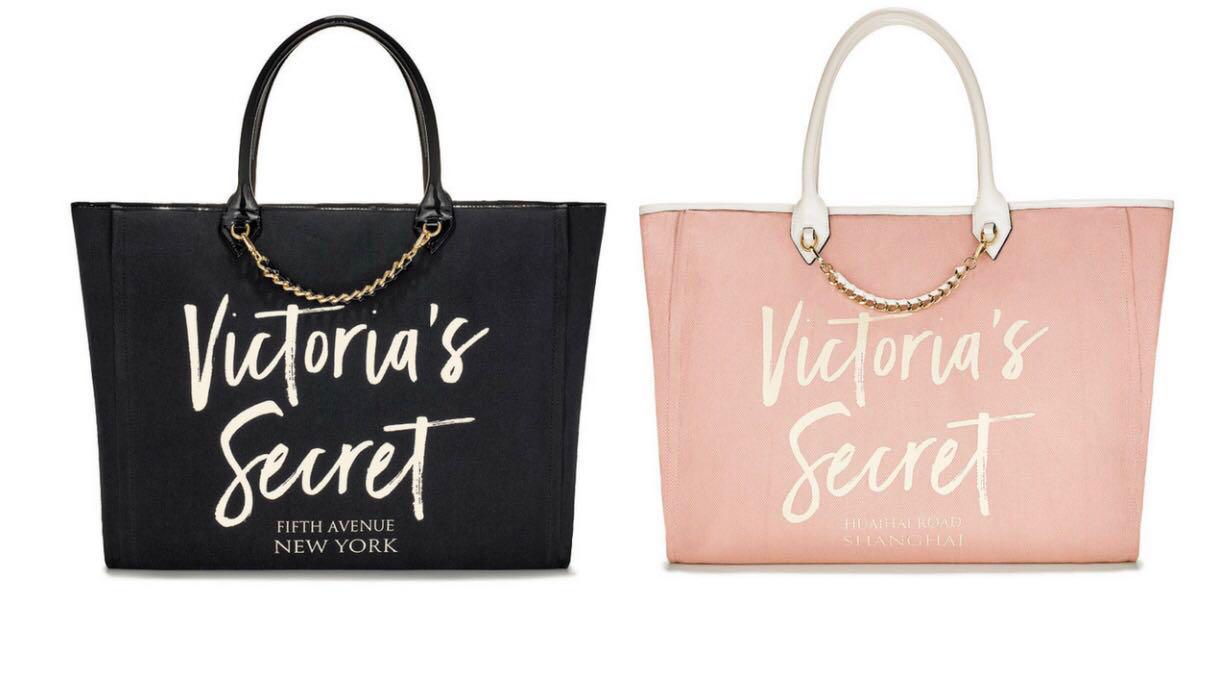 Victoria's Secret Angel City Canvas Chain Tote Bag Black Light Peach New 
