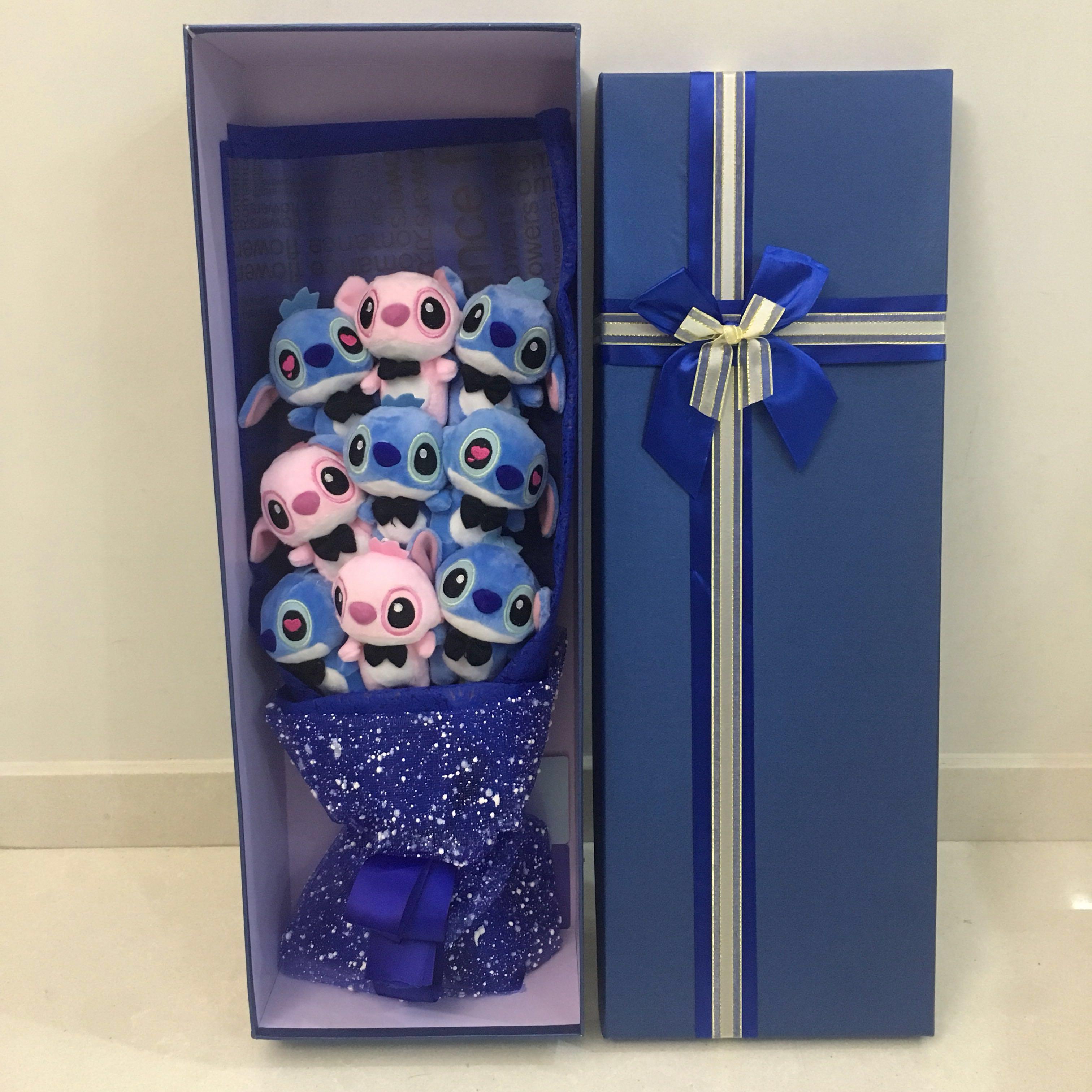 Blue & Pink Stitch Flower Bouquet In Gift Box (9 Stitch & Angel