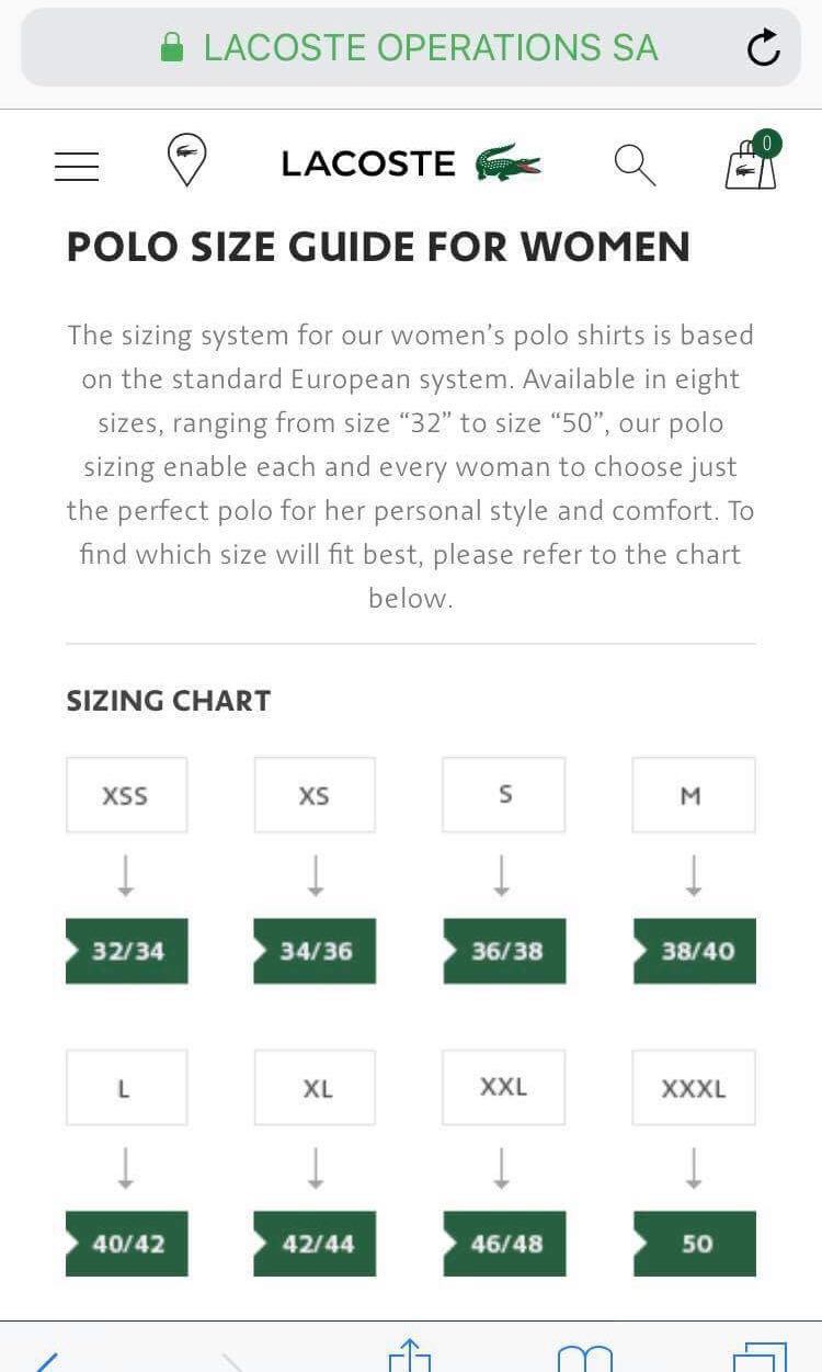lacoste shirt size chart