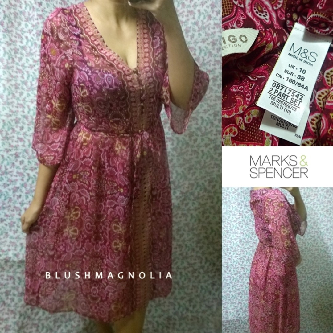 Marks Spencer Pink Paisley Half Button Up Midi Dress Women S
