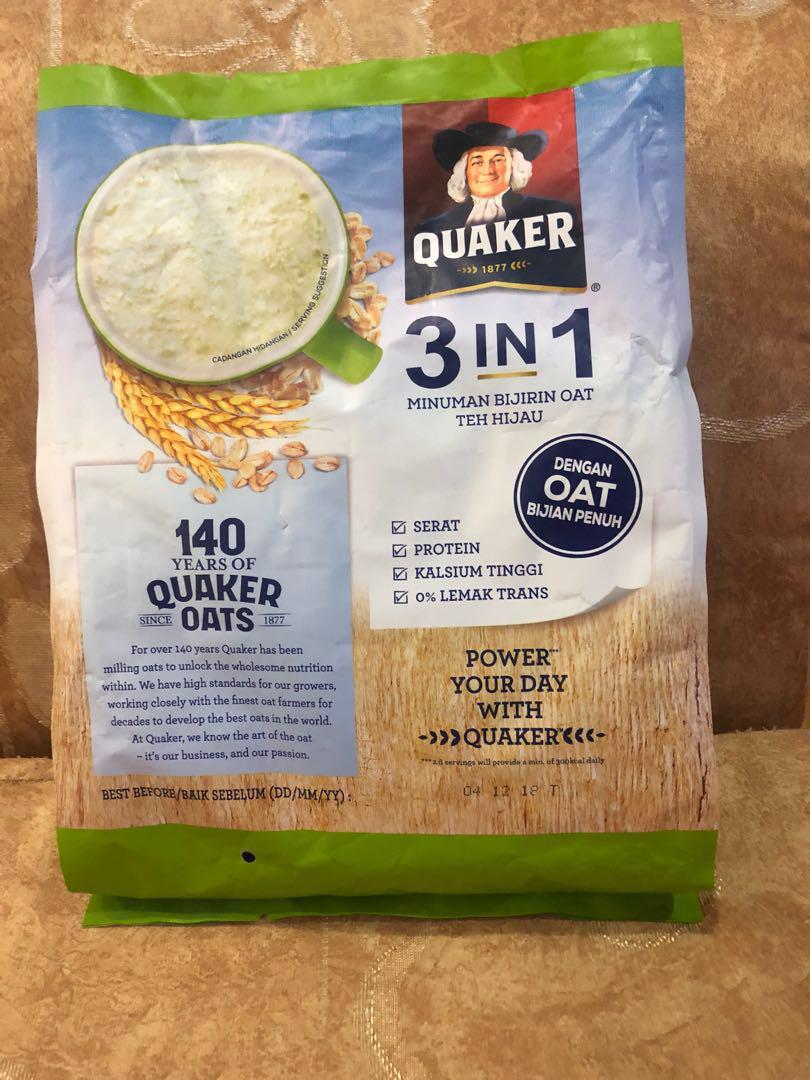 Quaker 3 in 1 cereal oat Drink Matcha Greentea, Makanan & Minuman