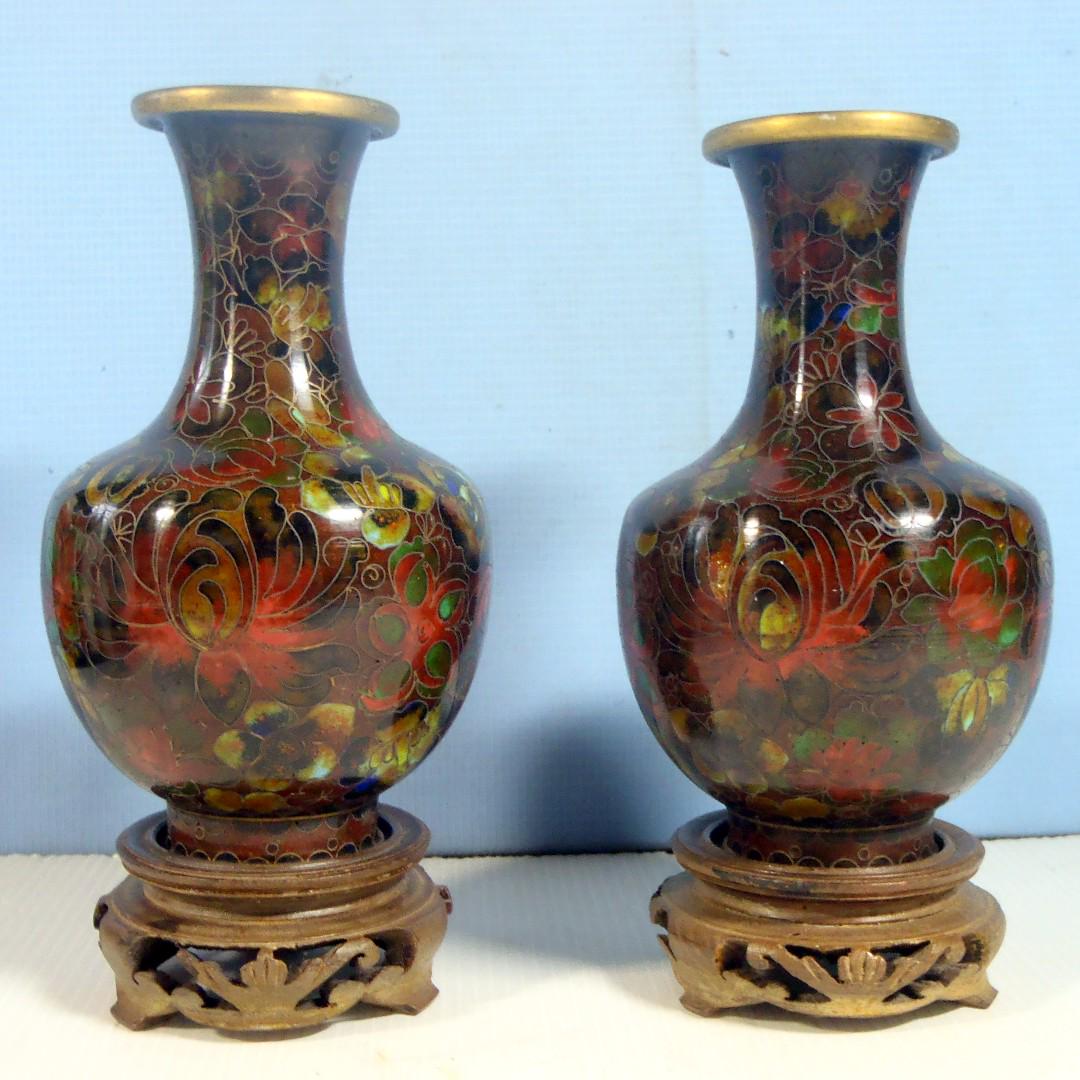Antique Rare Cloisonne Vases Pair Display Wood Stand Circa 1930s