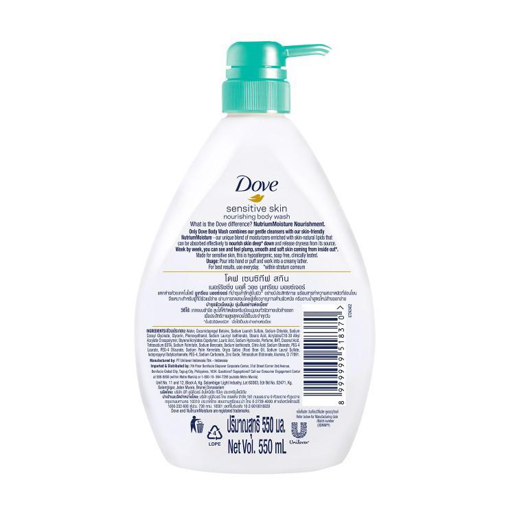 Dove Body Wash Sensitive Skin 550ml (Category: Body Care) located in Quezon City. Submitted by sampleholics (Listing ID 186169755, Image 3). Description: A gentle body wash for sensitive skin. Gives you softer, smoother skin after just one shower; made with NutriumMoisture™ technology that delivers natural nutrients; nourishes deep into the surface layers of the skin; has a mild, gentle, and sulfate-free formula PERFECT FOR: Cleansing dry, sensit