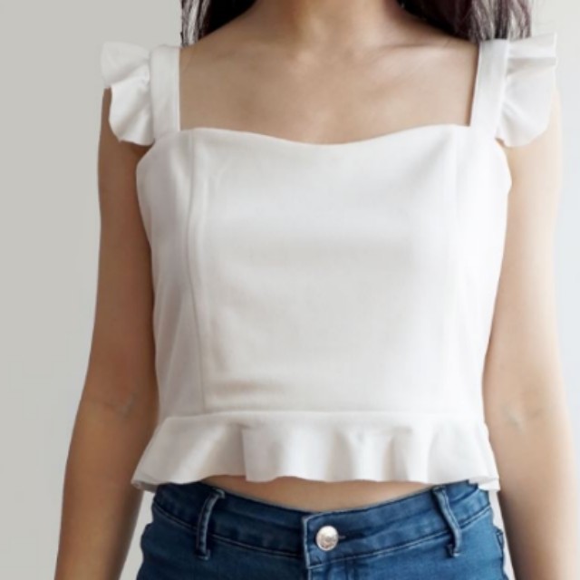 white ruffle strap top