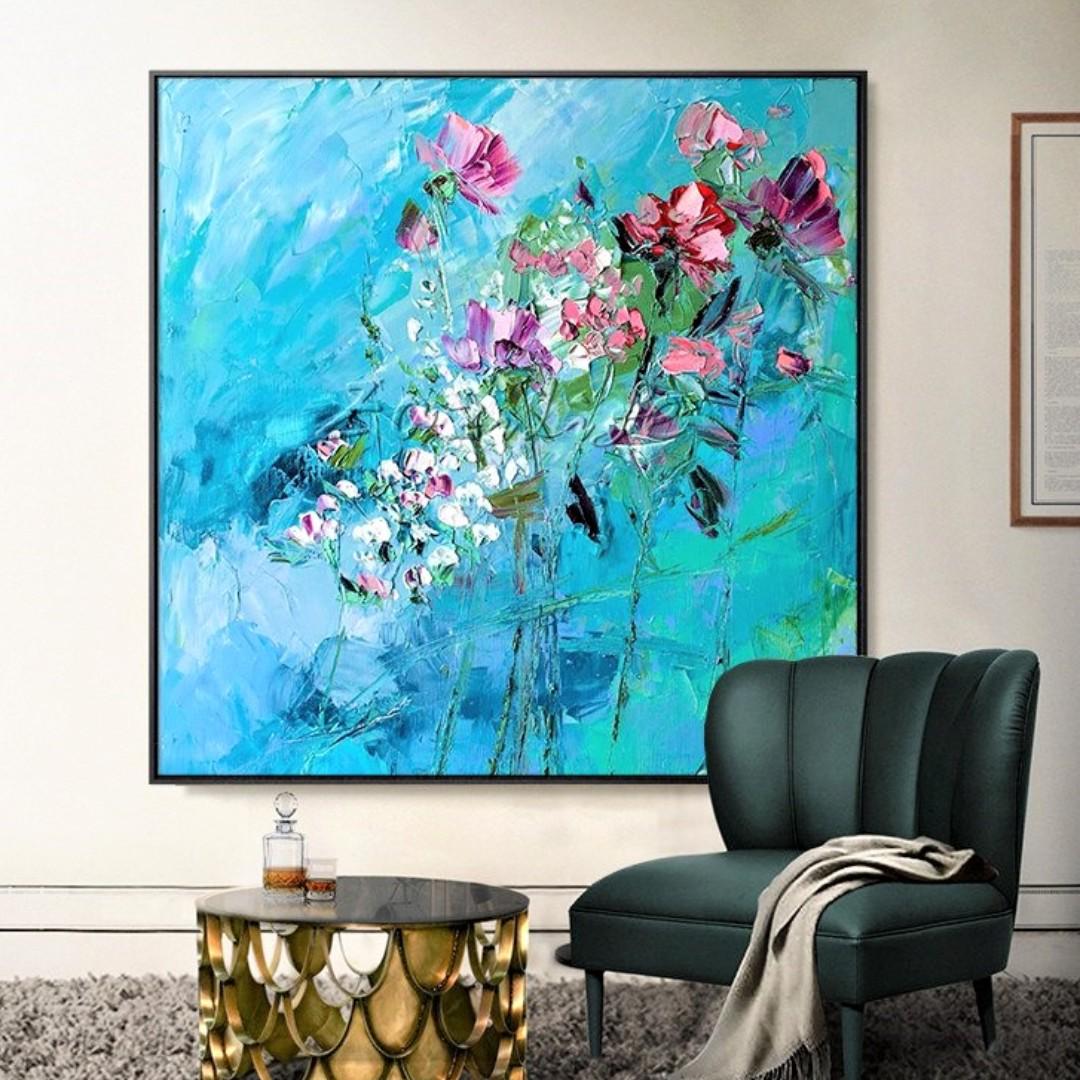 Handpainted Abstract Acrylic Purple Florals Canvas Artwork 80 X