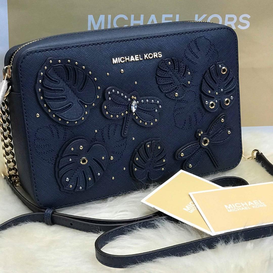 Michael Kors Jet Set Dragonfly Leather LG E W Crossbody bag navy