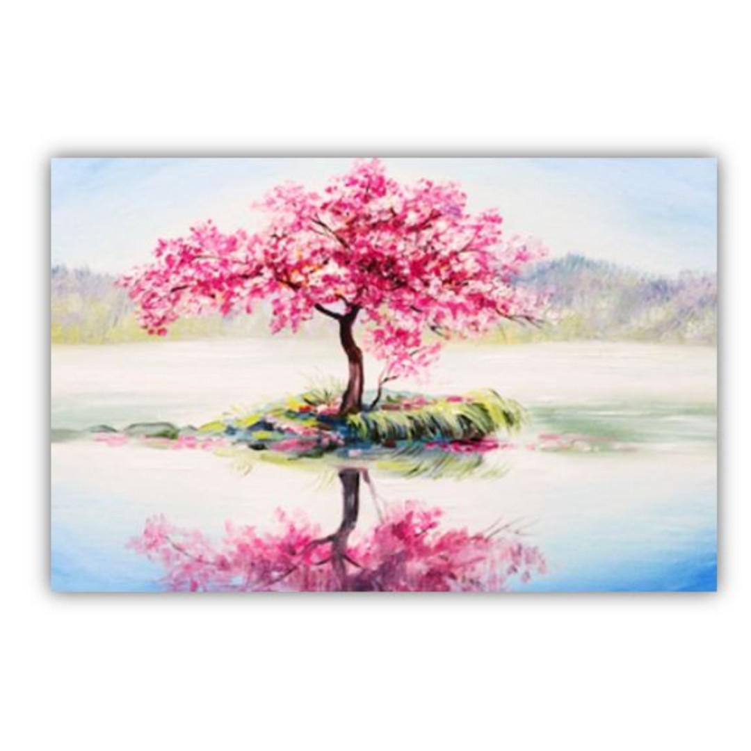 Oriental Sakura Cherry Blossom Tree Reflected On A Lake Canvas Art