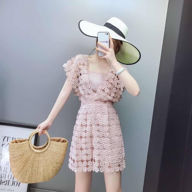 Short sleeve lace romper clearance