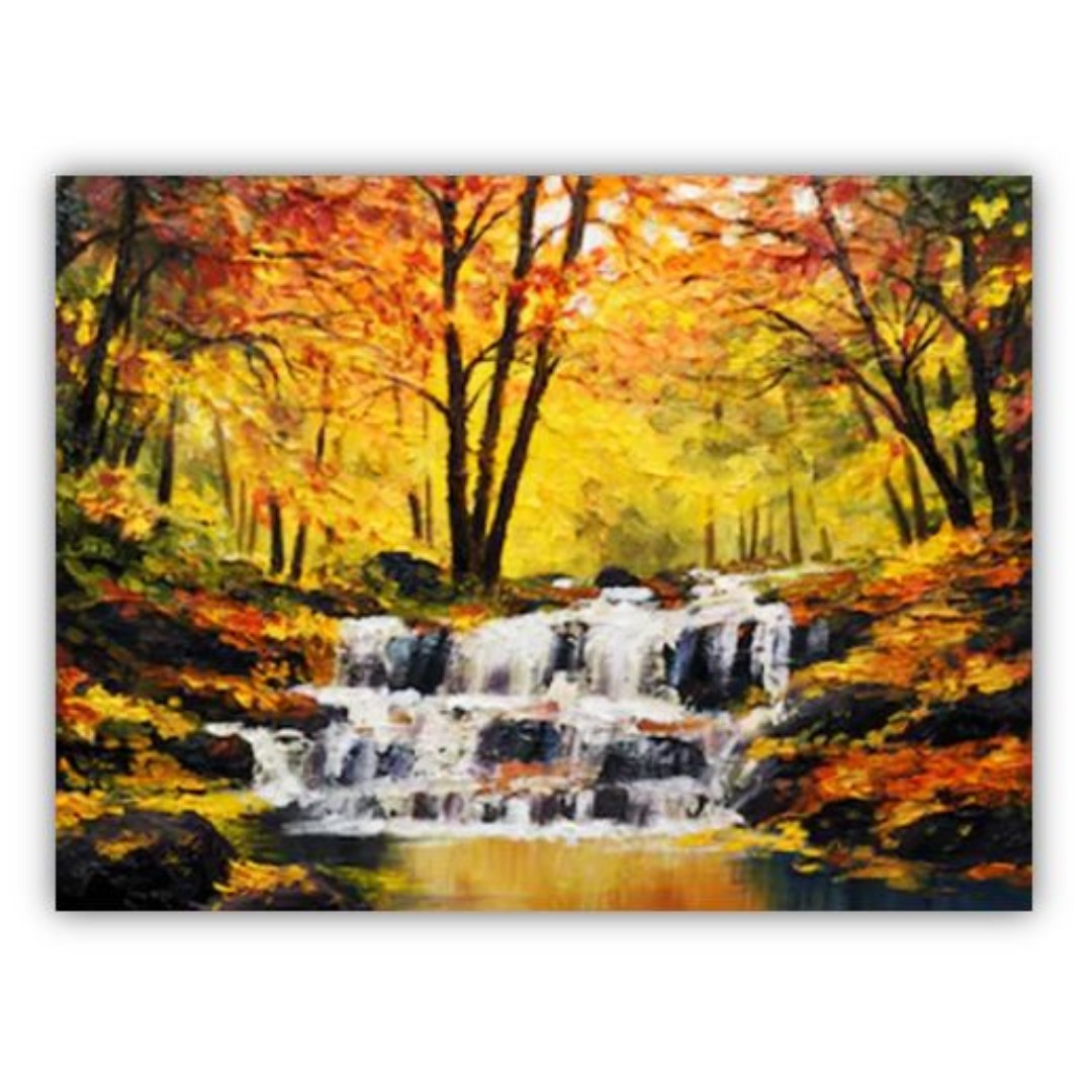 Small Waterfall In An Orange Forest Oil Painting Canvas Art Print