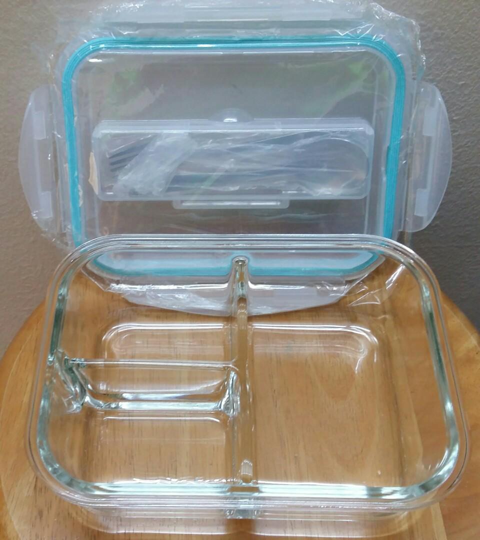 glass lunch container spoon and fork/heat