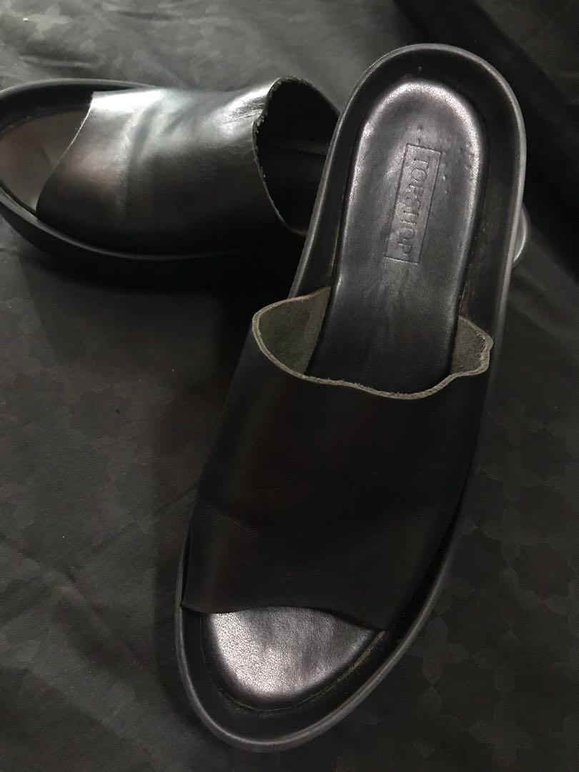 black leather platform slip ons