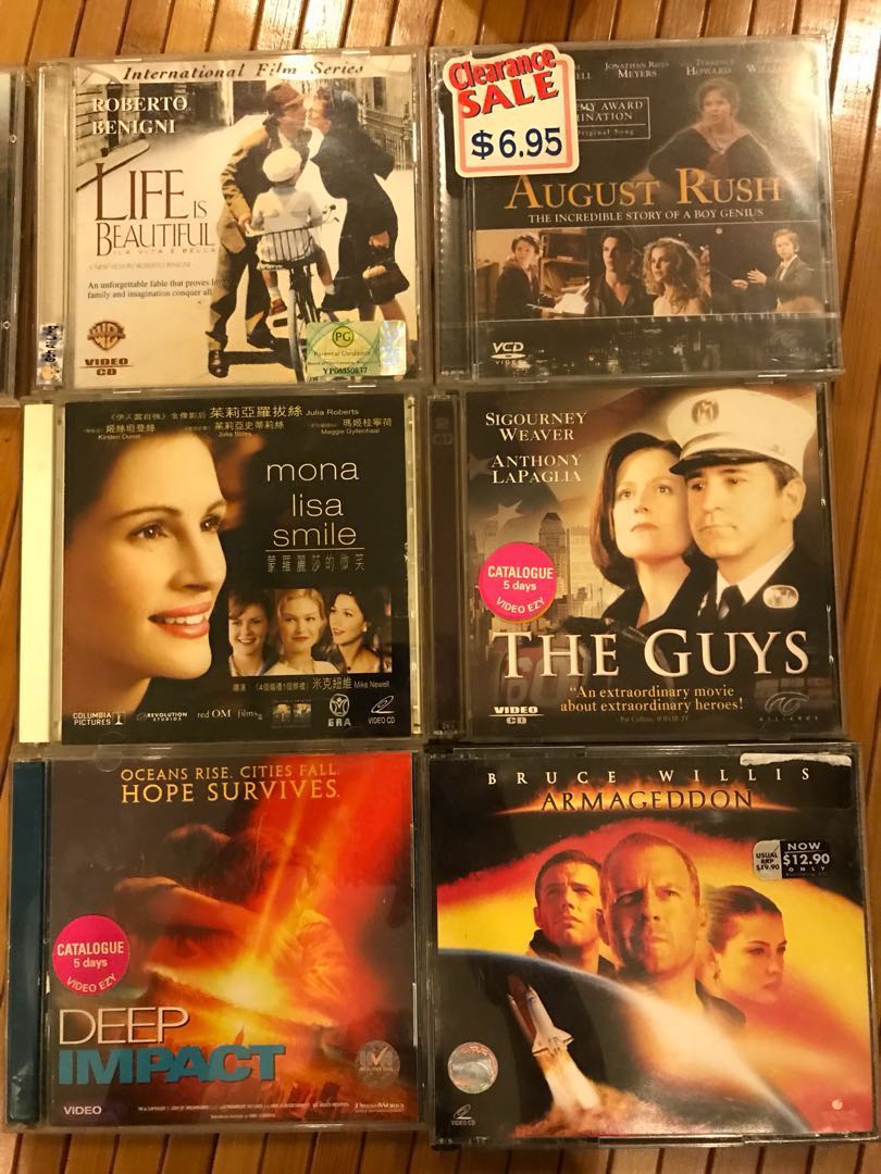 Vcd Movies Armageddo Deep Impact Mona Lisa Smile Life Is Beautiful August Rush The Guys 3 Each Get All 6 For 15 Only Music Media Cds Dvds Other Media On Carousell