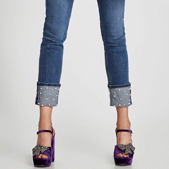 Zara Mid rise jeans with pearl cuffs 