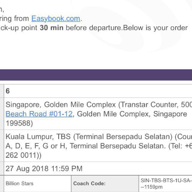 Bus Ticket From Singapore to KL (BILLION STARS), Tickets & Vouchers, Flights & Overseas