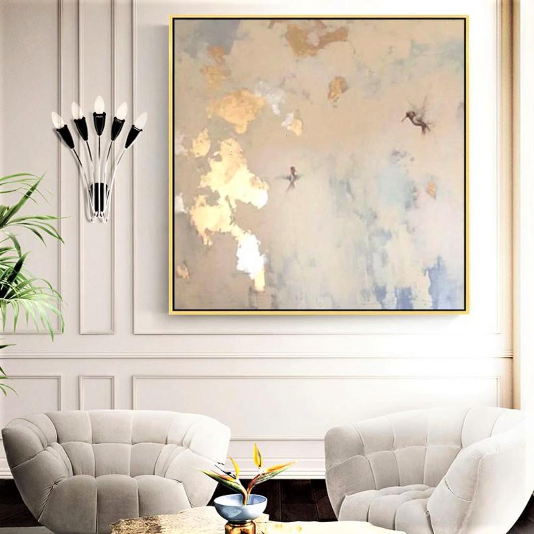 Little Sparrows Flying In Golden Flake Heavenly Clouds Canvas Oil