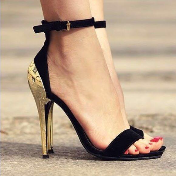 Zara Black Ankle Strap Gold Back Heels 