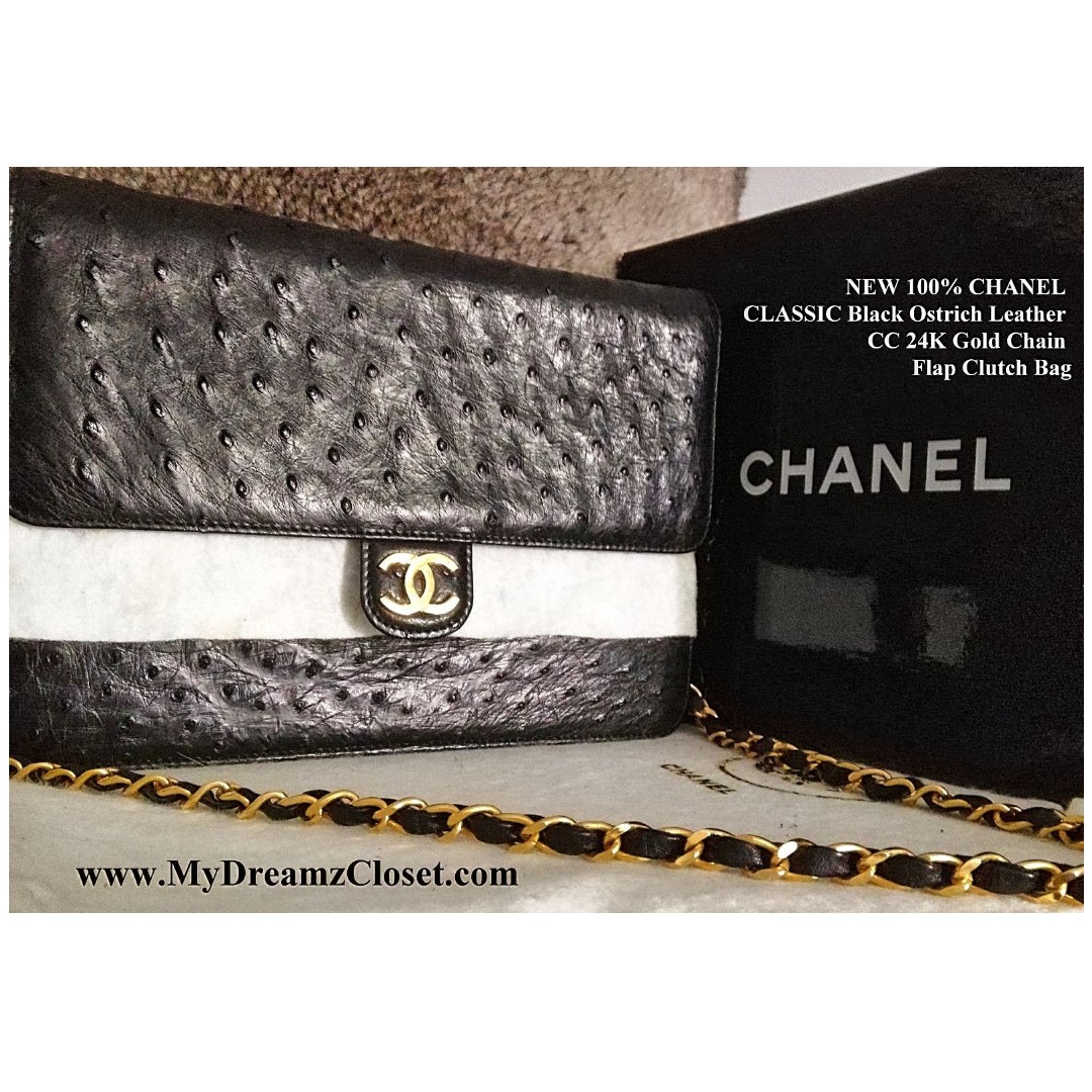NEW 100% CHANEL Black Ostrich Leather Gold Chain 9.5 Flap Clutch Bag (1),  Women's Fashion, Bags & Wallets, Cross-body Bags on Carousell