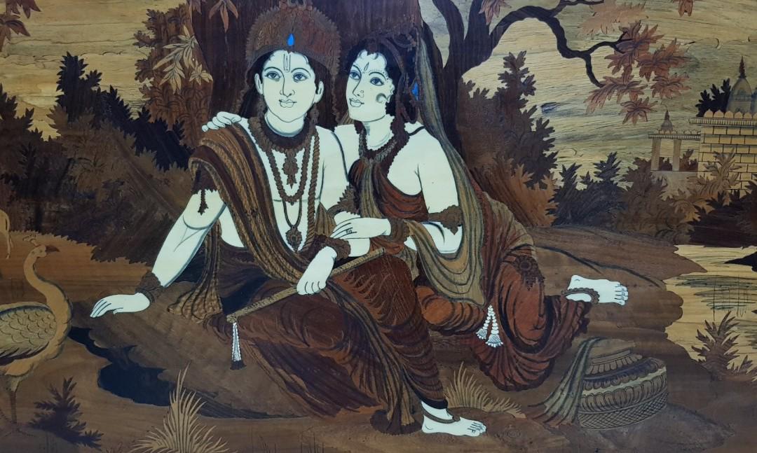 Antique Indian Art Painting Wood Carving Portrait Of Raman And
