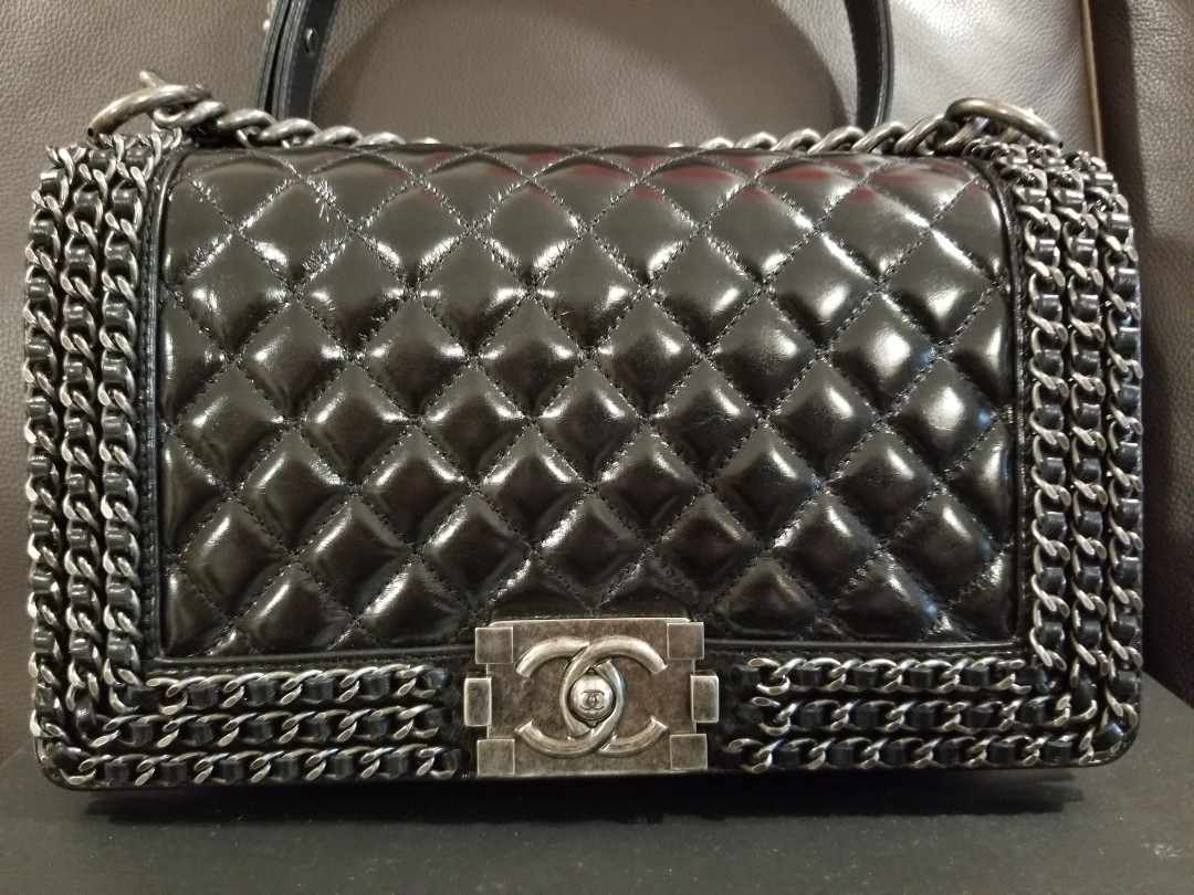 Chanel Small Black Quilted Shiny Calfskin Chain-Embellished Boy Bag