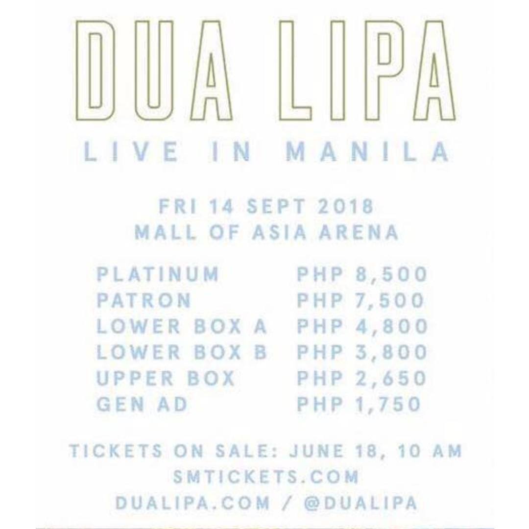 1 x Dua Lipa Live In Manila 2018 Patron 101 Coral , Tickets