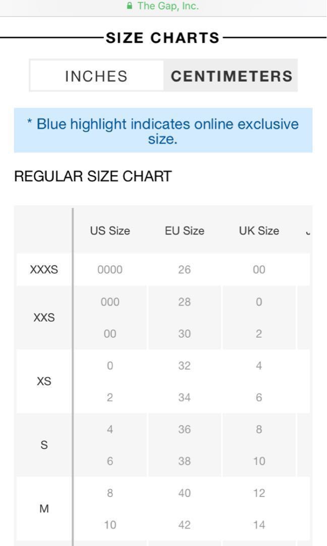 Gap Clothing Size Chart Uk