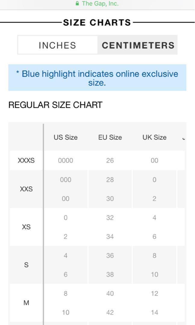 Gap Ladies Size Chart