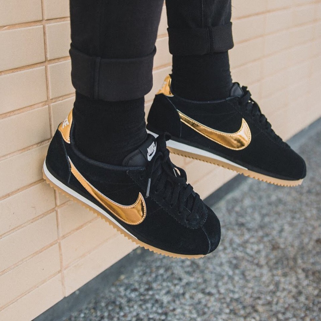 nike cortez womens black and gold