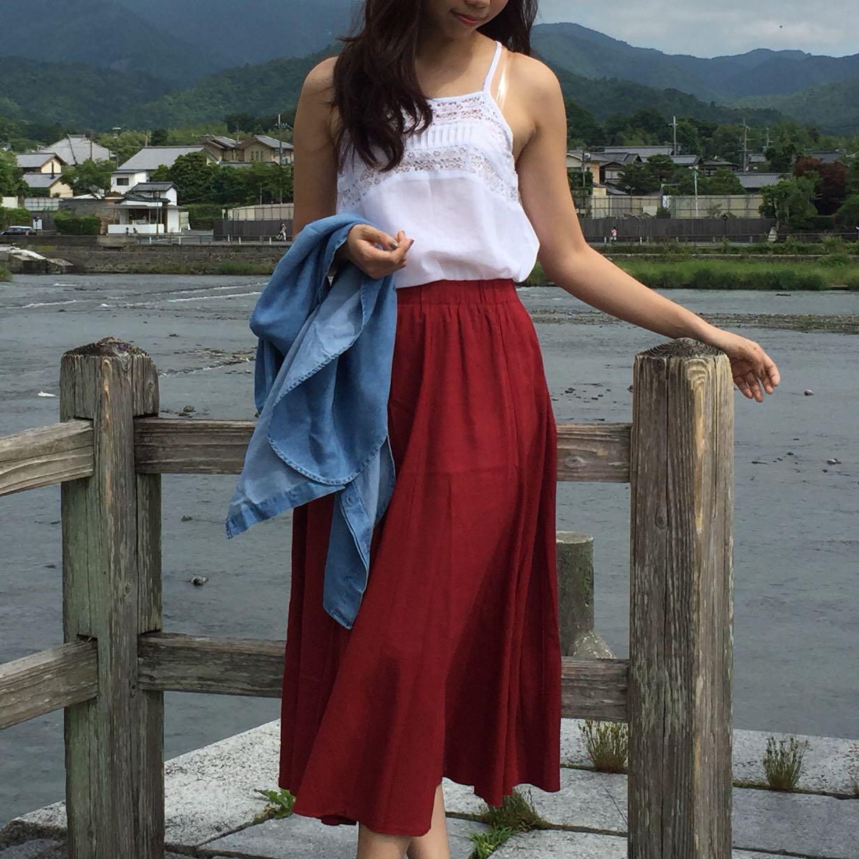 Korean Long Red Skirt, Women's Fashion, Bottoms, Skirts on Carousell