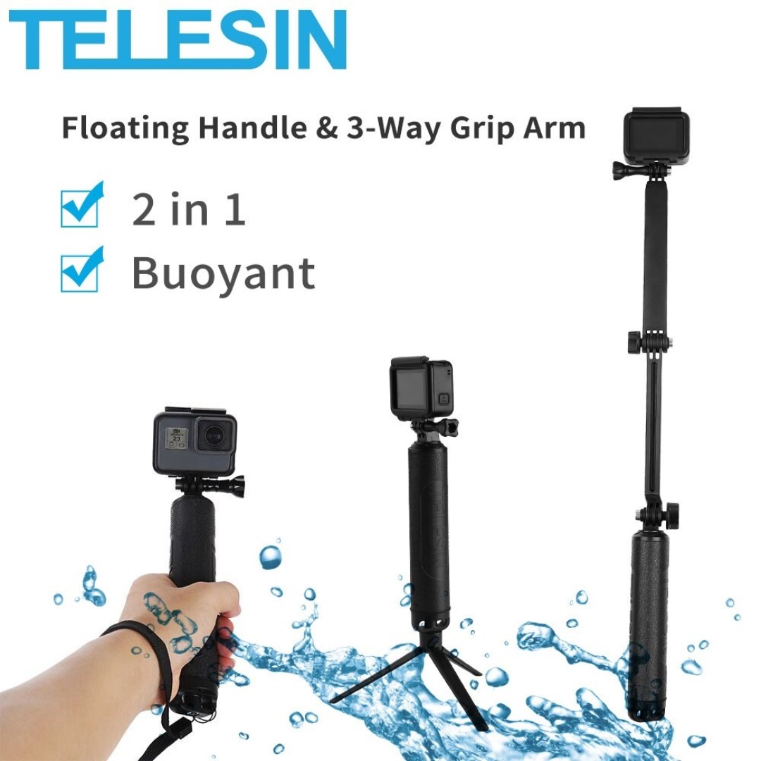 TELESIN Waterproof 3 Way Floating Hand Grip Selfie Stick Tripod Monopod