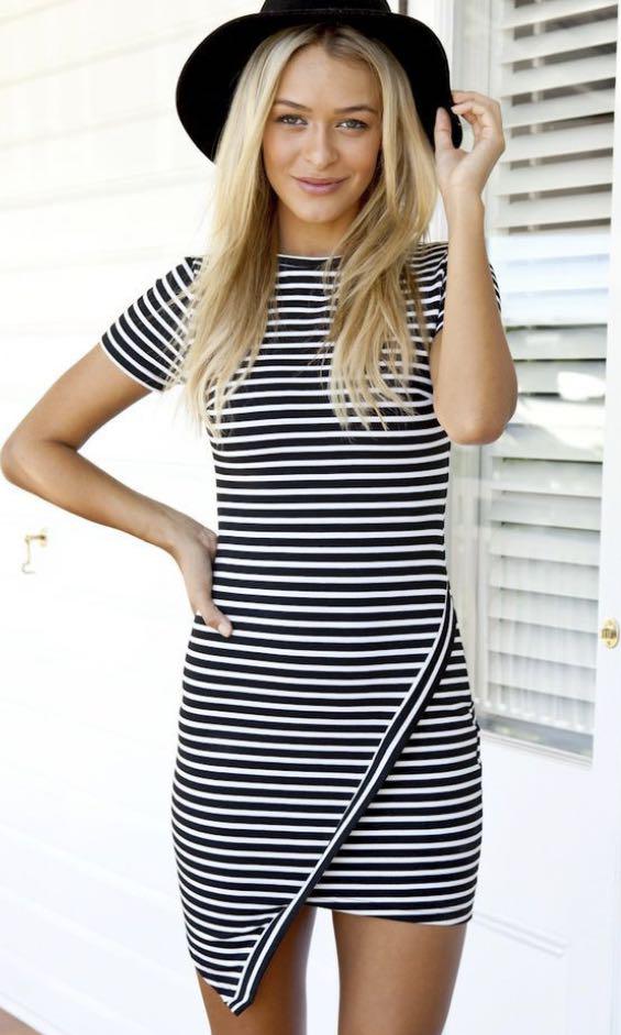 blue and white striped bodycon dress