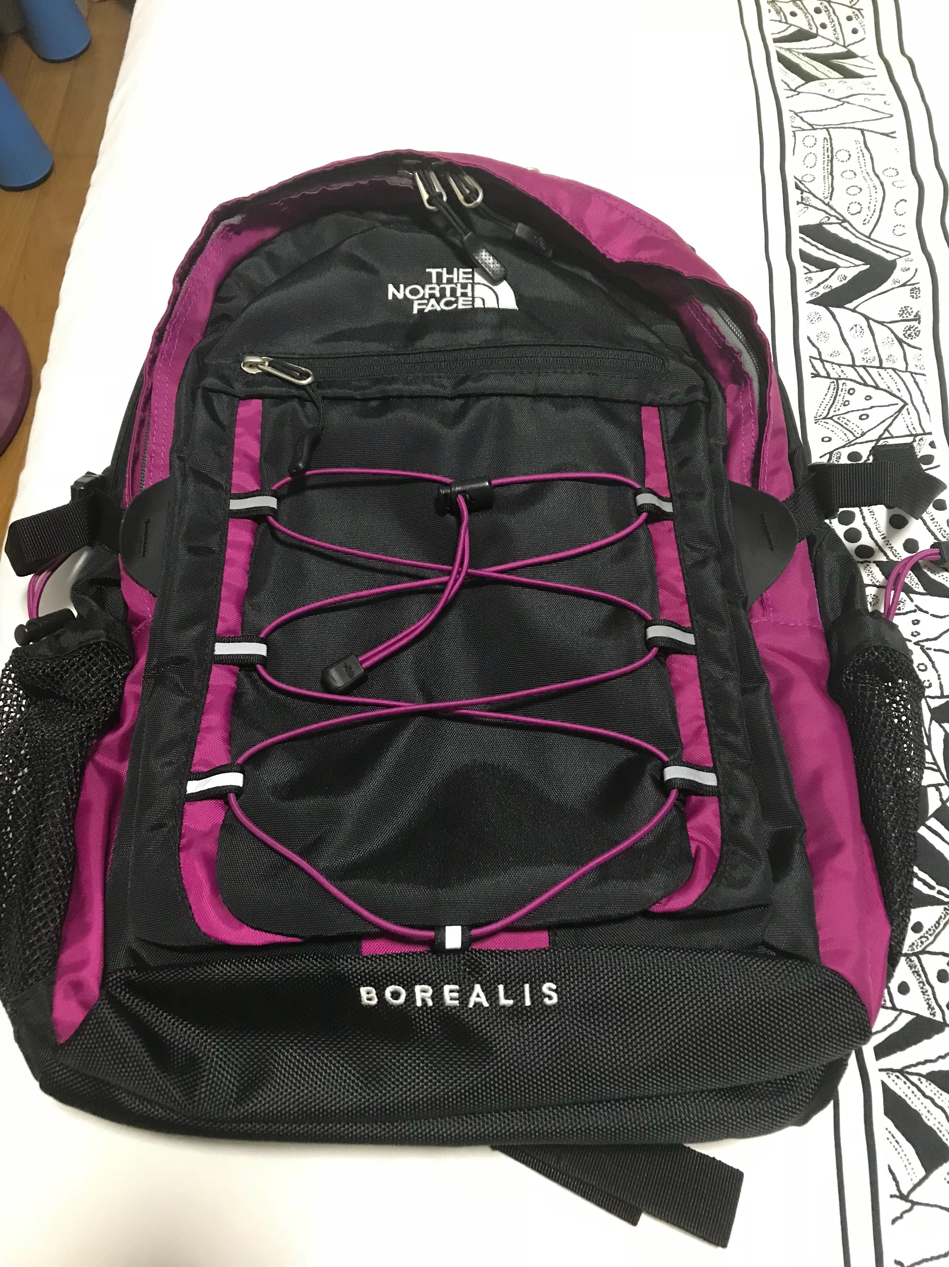 pink and purple north face backpack