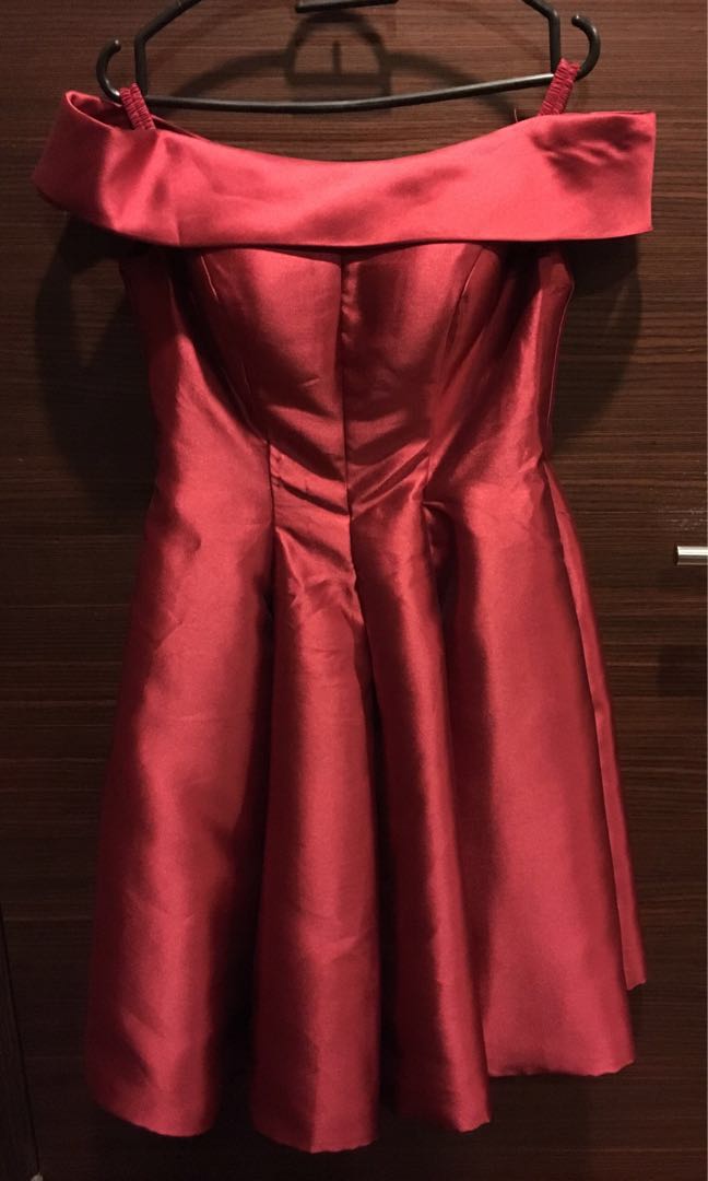 red silk off the shoulder prom dress