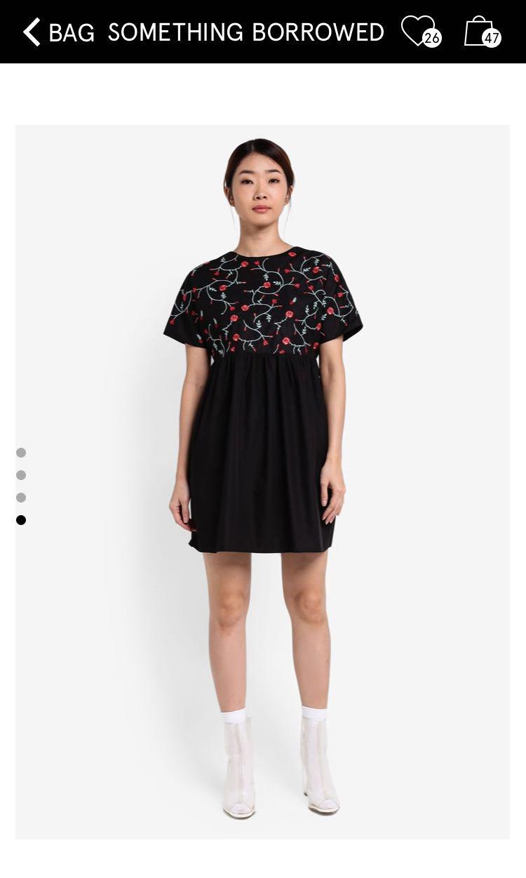 ZALORA SOMETHING BORROWED EMBROIDERED BABYDOLL DRESS IN BLACK Women s Fashion Tops Sleeveless on Carousell