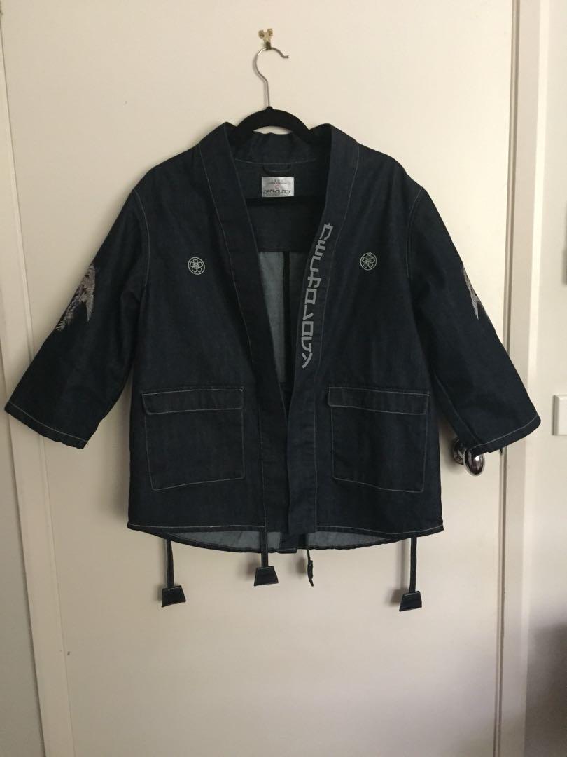 Dark Blue Denim Kimono With Japanese Writing And Embroidery