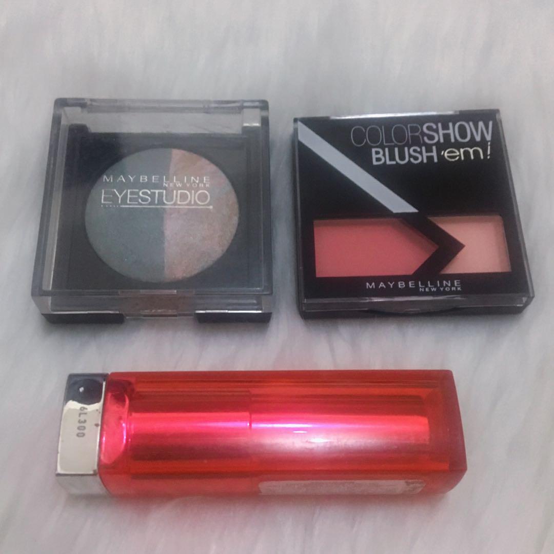 Maybelline Make up Bundle (Category: Makeup) located in Manila. Submitted by poeticallyinfamous (Listing ID 187857517, Image 1). Description: Maybelline Make up Bundle take all 3 for 600 Blush on is Brand New Eyeshadow swatched once Tangerine Lipstick is 95% Full.