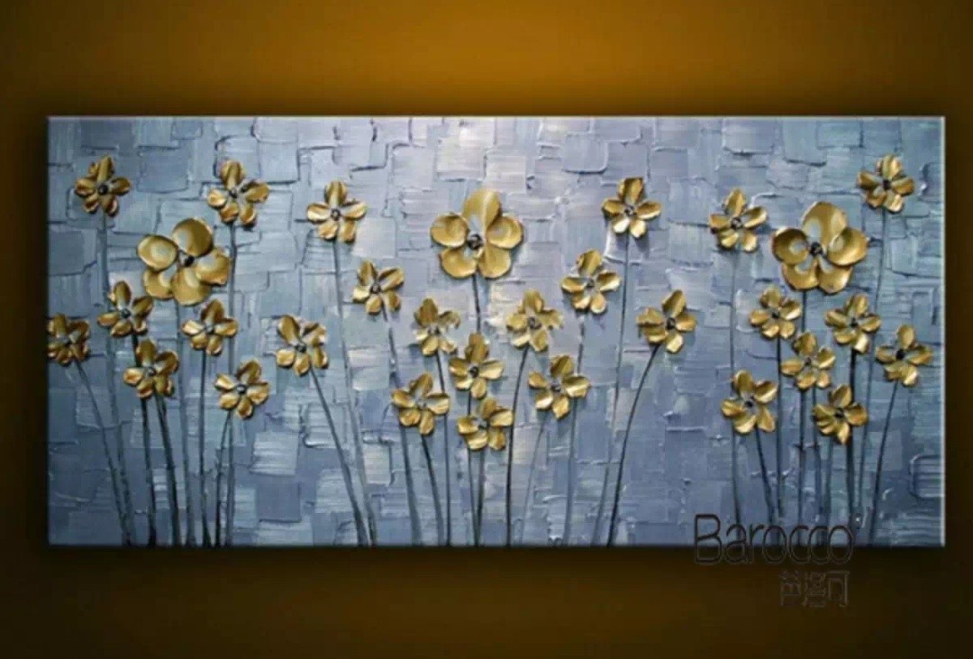 Po 3d Oil Painting 3d Golden Flower On Blue Canvas Furniture Home Decor Others On Carousell