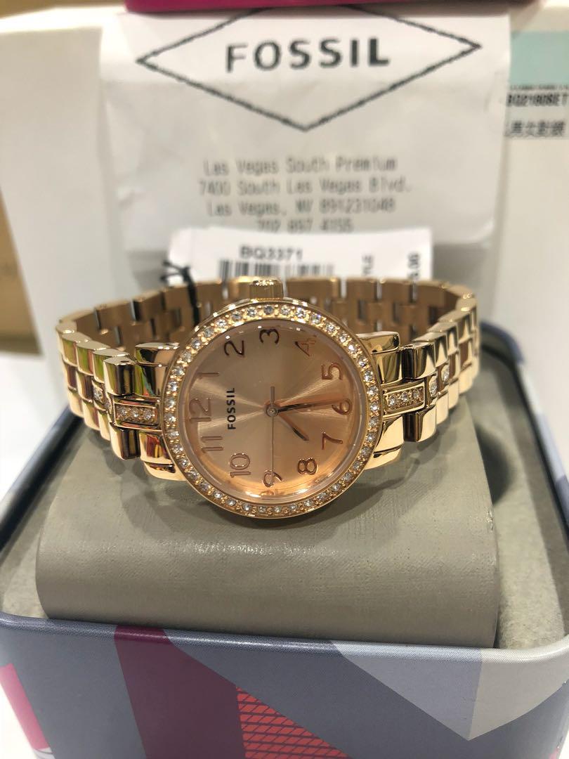 全新真品FOSSIL BQ3371 玫瑰金帶鑽不鏽鋼 