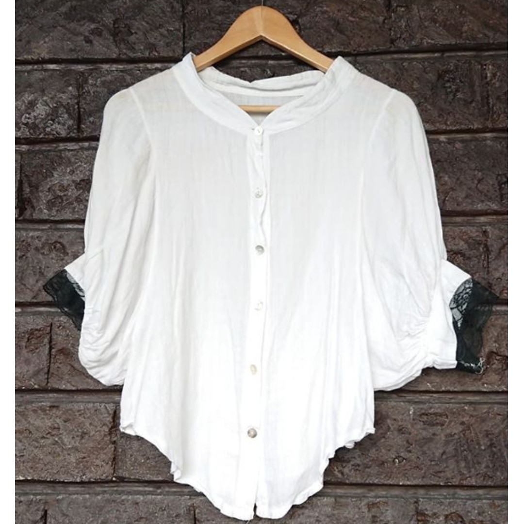 Chinese Collared White Top With Black Lace Plain Buttoned