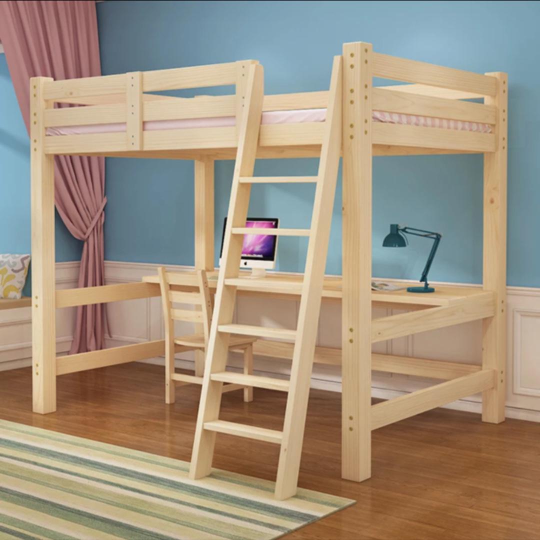 Ikea Wooden Loft Bed Frame With Table And Bookshelf Furniture