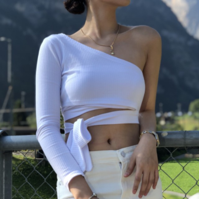 One sided long sleeve white crop top